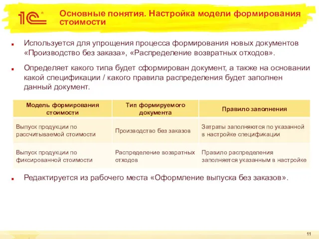 Основные понятия. Настройка модели формирования стоимости Используется для упрощения процесса