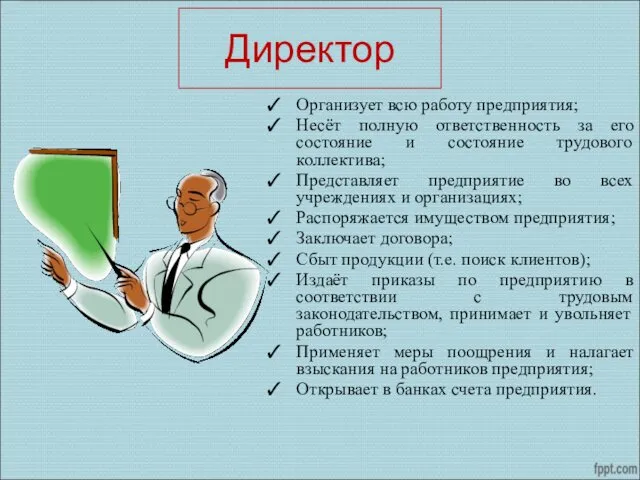 Директор Организует всю работу предприятия; Несёт полную ответственность за его