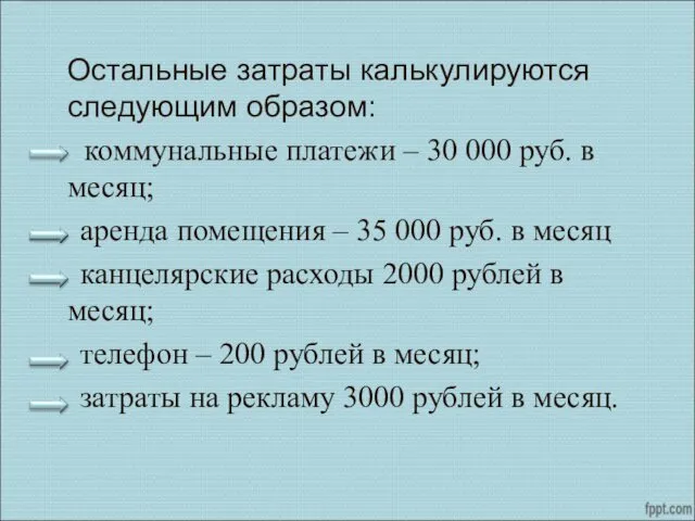 Остальные затраты калькулируются следующим образом: коммунальные платежи – 30 000