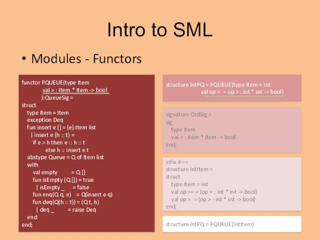 Intro to SML Modules - Functors functor PQUEUE(type Item val > : Item