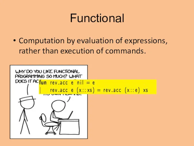 Functional Computation by evaluation of expressions, rather than execution of commands.