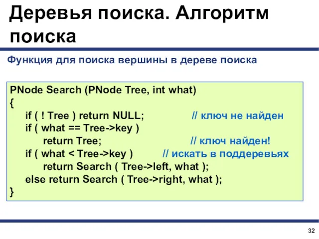 Деревья поиска. Алгоритм поиска PNode Search (PNode Tree, int what) { if (