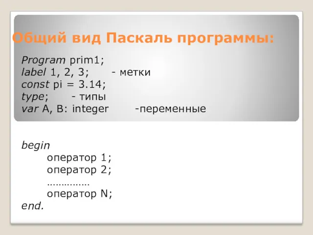 Общий вид Паскаль программы: Program prim1; label 1, 2, 3;