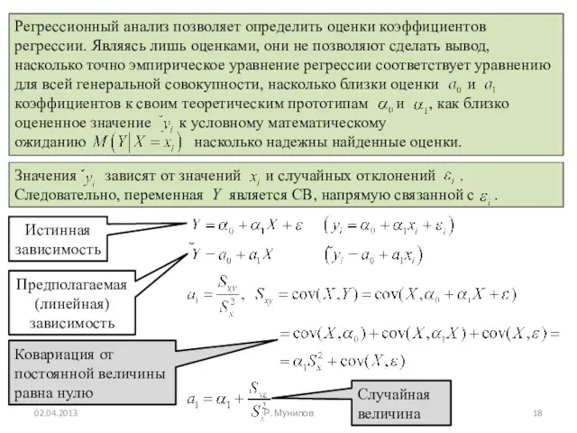 02.04.2013 Р. Мунипов Истинная зависимость Предполагаемая (линейная) зависимость Ковариация от постоянной величины равна нулю Случайная величина