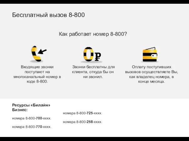 Ресурсы «Билайн» Бизнес: номера 8-800-700-хххх. номера 8-800-770-хххх. Входящие звонки поступают