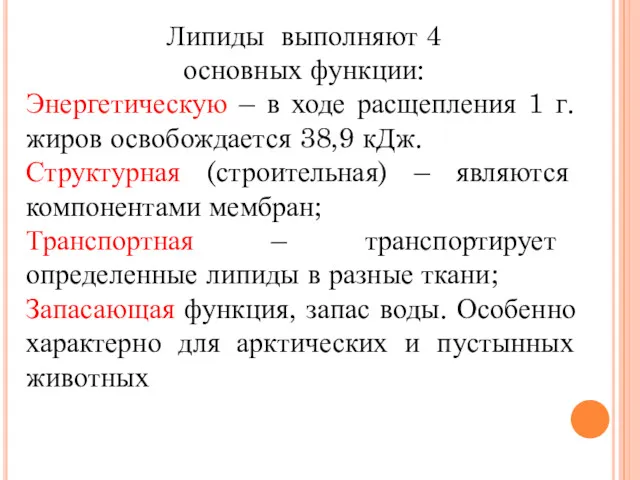 Липиды выполняют 4 основных функции: Энергетическую – в ходе расщепления