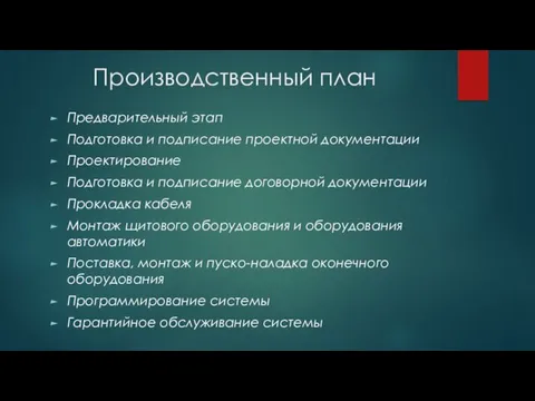 Производственный план Предварительный этап Подготовка и подписание проектной документации Проектирование