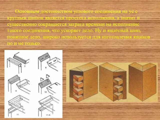 Основным достоинством углового соединения на ус с круглым шипом является