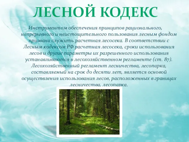 ЛЕСНОЙ КОДЕКС Инструментом обеспечения принципов рационального, непрерывного и неистощительного пользования