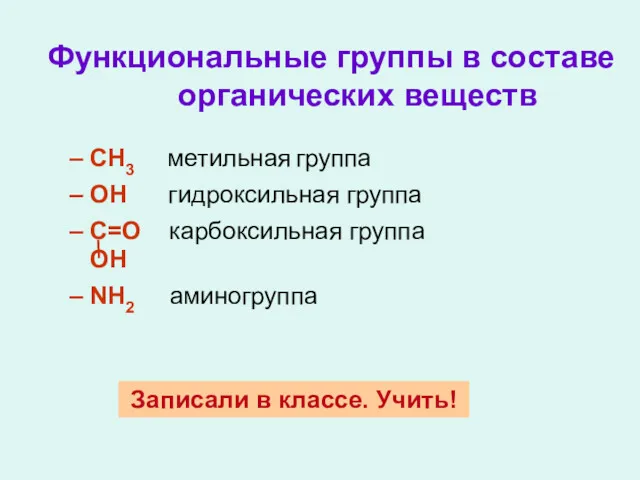 Функциональные группы в составе органических веществ – СН3 метильная группа