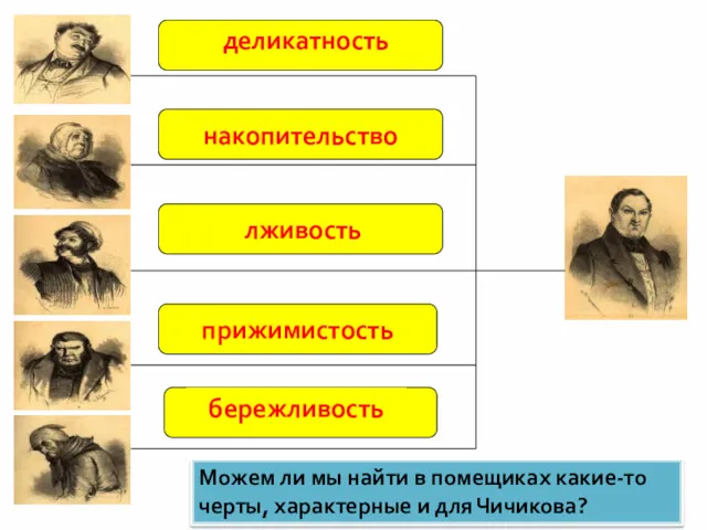 деликатность накопительство лживость прижимистость Можем ли мы найти в помещиках какие-то черты, характерные и для Чичикова?