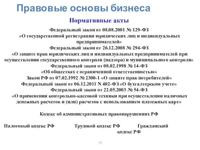 Правовые основы бизнеса Нормативные акты Федеральный закон от 08.08.2001 №