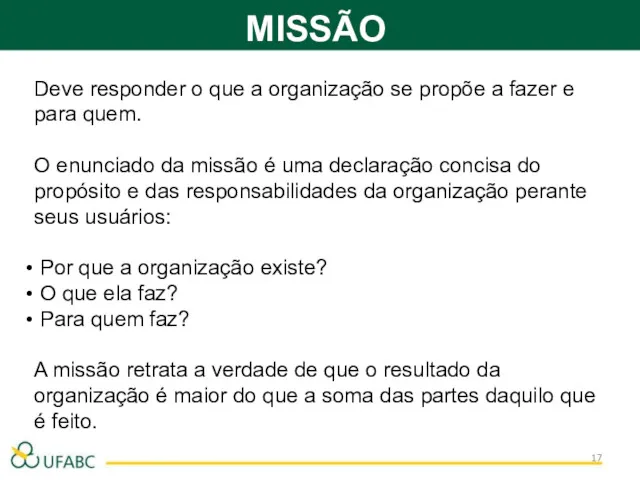 Deve responder o que a organização se propõe a fazer