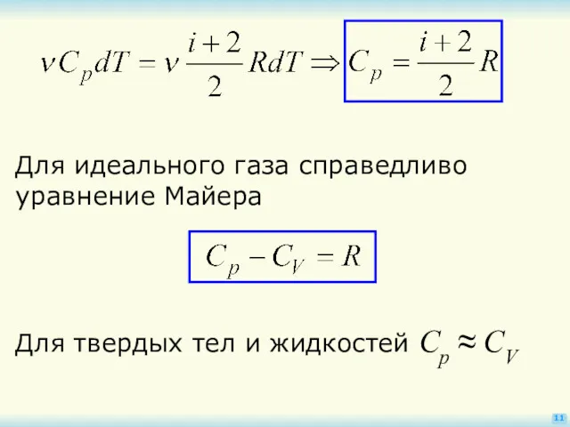 11 Для идеального газа справедливо уравнение Майера Для твердых тел и жидкостей Cp ≈ CV