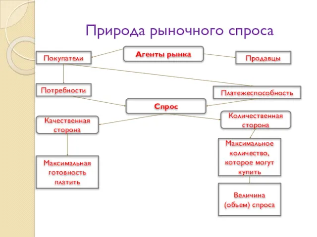 Природа рыночного спроса Агенты рынка Покупатели Продавцы Потребности Платежеспособность Спрос Качественная сторона Количественная