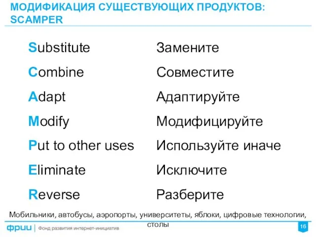 МОДИФИКАЦИЯ СУЩЕСТВУЮЩИХ ПРОДУКТОВ: SCAMPER 16 Мобильники, автобусы, аэропорты, университеты, яблоки, цифровые технологии, столы