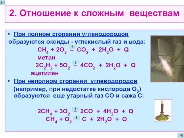 2. Отношение к сложным веществам При полном сгорании углеводородов образуются