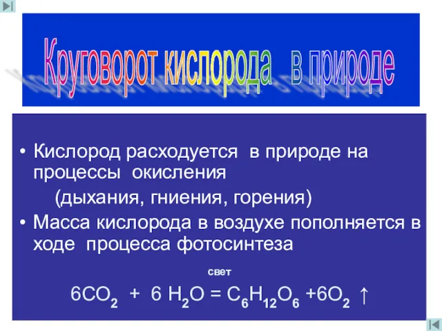 Кислород расходуется в природе на процессы окисления (дыхания, гниения, горения)