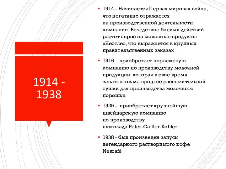 1914 - 1938 1914 - Начинается Первая мировая война, что негативно отражается на