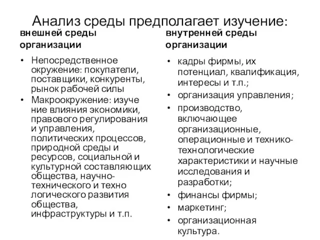 Анализ среды предполагает изучение: внешней среды организации Непосредст­венное окружение: покупатели,