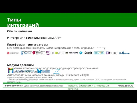 Типы интеграций Мыслим бизнесом и интересами клиента! Обмен файлами Интеграция