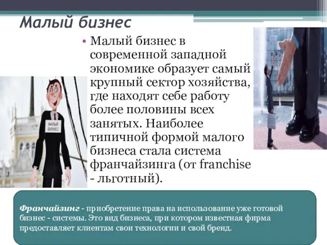 Малый бизнес Малый бизнес в современной западной экономике образует самый