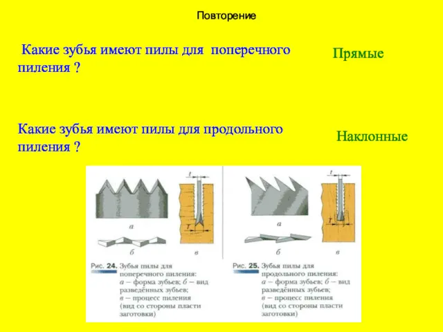 Повторение Какие зубья имеют пилы для продольного пиления ? Какие зубья имеют пилы