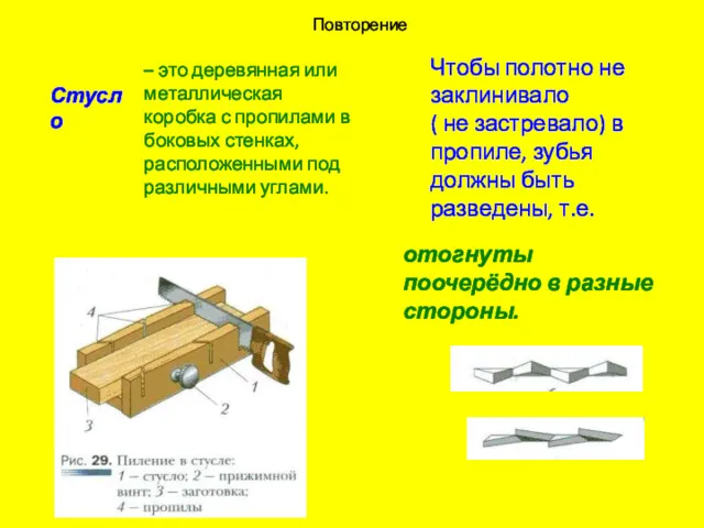 Стусло Повторение Чтобы полотно не заклинивало ( не застревало) в пропиле, зубья должны