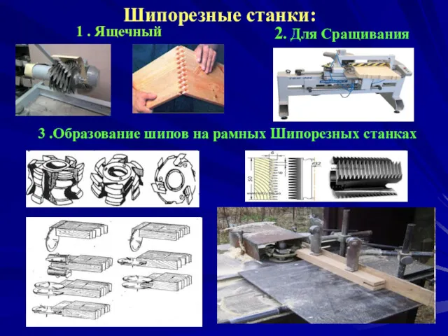 Шипорезные станки: 1 . Ящечный 2. Для Сращивания 3 .Образование шипов на рамных Шипорезных станках