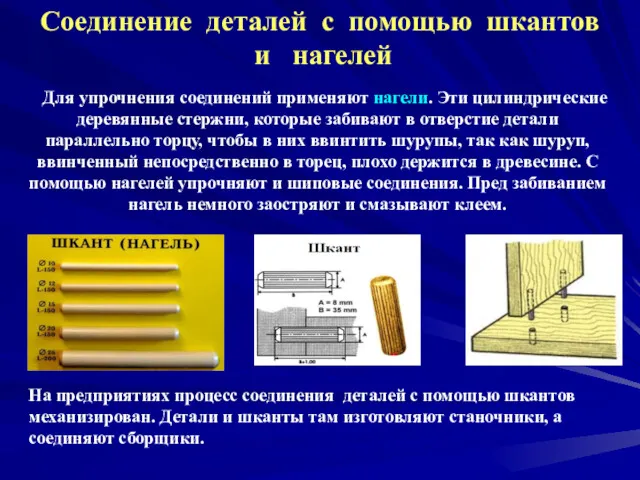 Для упрочнения соединений применяют нагели. Эти цилиндрические деревянные стержни, которые