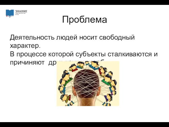 Проблема Деятельность людей носит свободный характер. В процессе которой субъекты сталкиваются и причиняют друг другу ущерб.