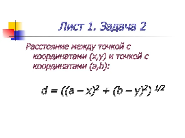 Лист 1. Задача 2 Расстояние между точкой с координатами (x,y)