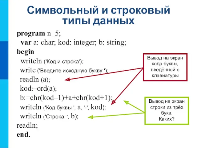 Символьный и строковый типы данных program n_5; var a: char;