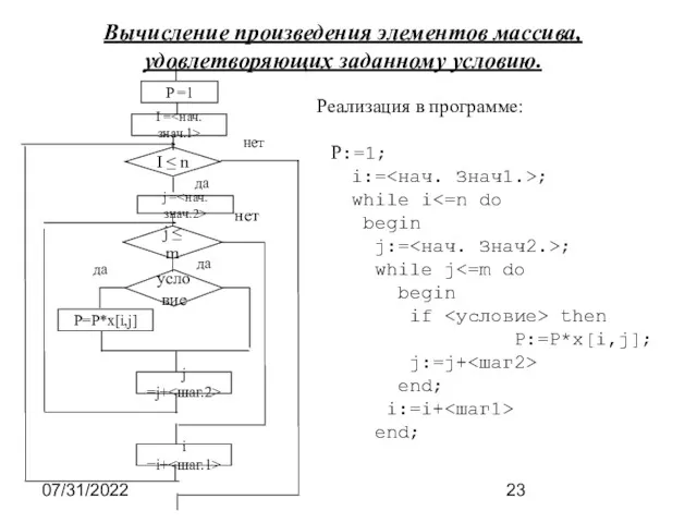 07/31/2022 Вычисление произведения элементов массива, удовлетворяющих заданному условию. P =1