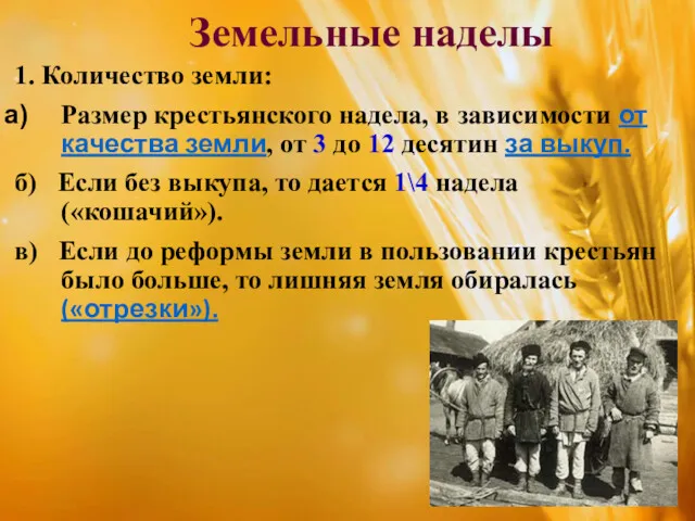 Земельные наделы 1. Количество земли: Размер крестьянского надела, в зависимости