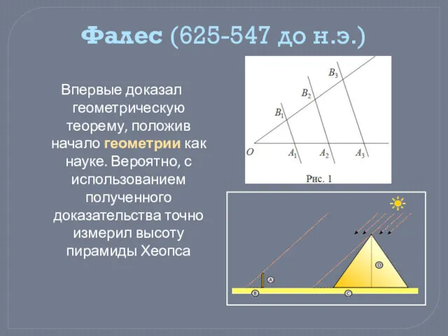 Фалес (625-547 до н.э.) Впервые доказал геометрическую теорему, положив начало