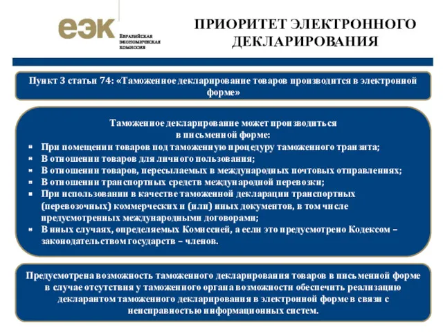 ПРИОРИТЕТ ЭЛЕКТРОННОГО ДЕКЛАРИРОВАНИЯ Пункт 3 статьи 74: «Таможенное декларирование товаров