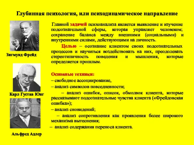 Глубинная психология, или психодинамическое направление Главной задачей психоанализа является выявление