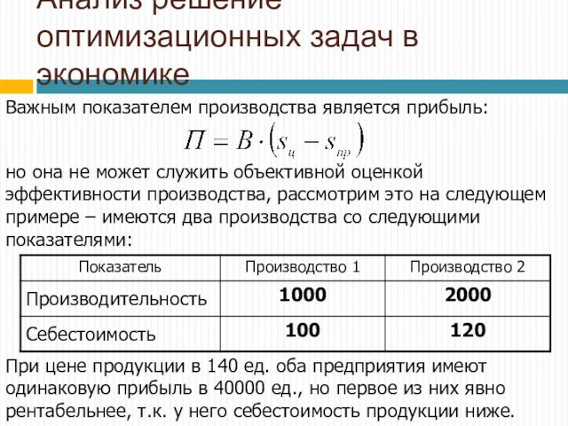 Анализ решение оптимизационных задач в экономике Важным показателем производства является