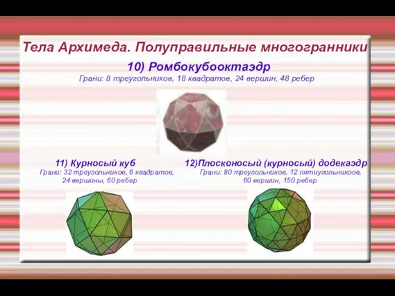 Тела Архимеда. Полуправильные многогранники 10) Ромбокубооктаэдр Грани: 8 треугольников, 18