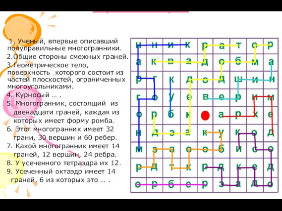 Кроссворд 1. Ученый, впервые описавший полуправильные многогранники. 2.Общие стороны смежных