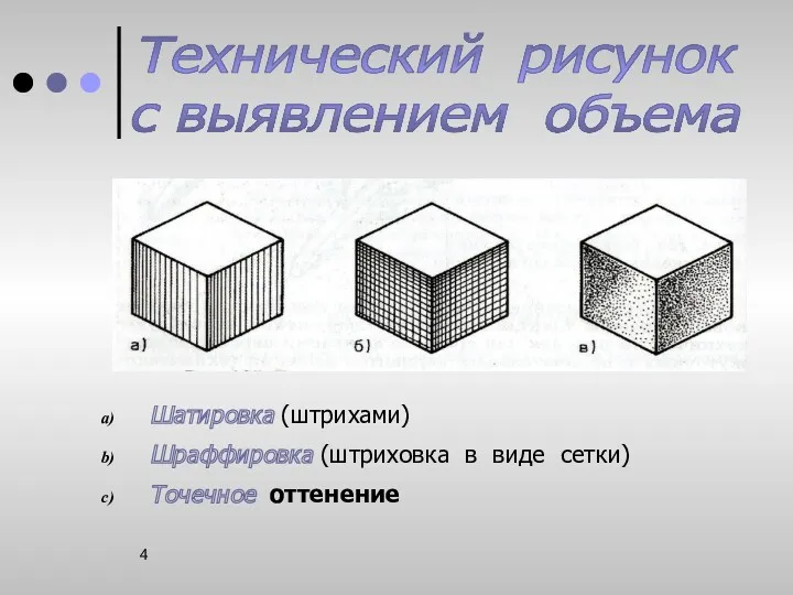 Технический рисунок с выявлением объема Шатировка (штрихами) Шраффировка (штриховка в виде сетки) Точечное оттенение