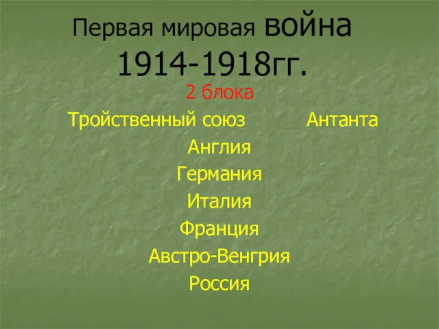 Первая мировая война 1914-1918гг. 2 блока Тройственный союз Антанта Англия Германия Италия Франция Австро-Венгрия Россия