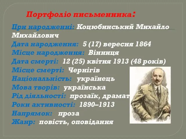 Портфоліо письменника: При народженні: Коцюбинський Михайло Михайлович Дата народження: 5