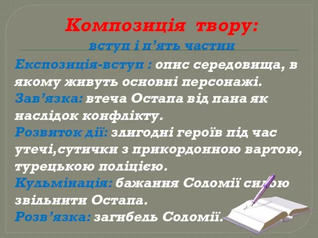 Композиція твору: вступ і п’ять частин Експозиція-вступ : опис середовища,