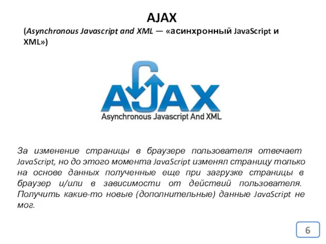 AJAX (Asynchronous Javascript and XML — «асинхронный JavaScript и XML»)