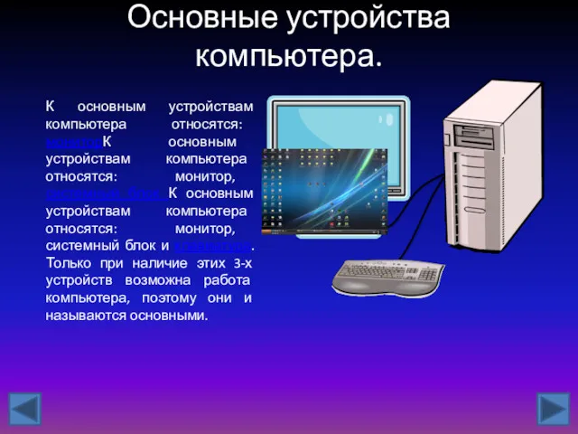 Основные устройства компьютера. К основным устройствам компьютера относятся: мониторК основным