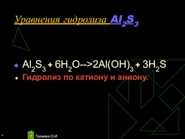 * Громова О.И Уравнения гидролиза Al2S3 Al2S3 + 6H2O-->2Al(OH)3 + 3H2S Гидролиз по катиону и аниону.