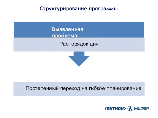 Структурирование программы Управленческое решение: Постепенный переход на гибкое планирование Выявленная проблема: Распорядок дня