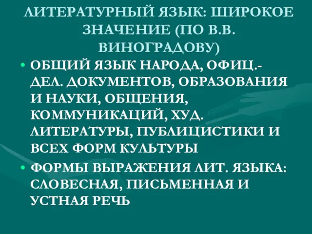 ЛИТЕРАТУРНЫЙ ЯЗЫК: ШИРОКОЕ ЗНАЧЕНИЕ (ПО В.В. ВИНОГРАДОВУ) ОБЩИЙ ЯЗЫК НАРОДА,